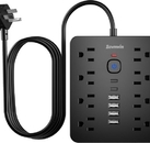 带过载保护的电源插座，8 个插座（1250W/10A），6 个 USB 充电端口（2 个 USB-C），6 英尺扁平插头延长线，通过 ETL 认证，适用于办公室、宿舍等场所。